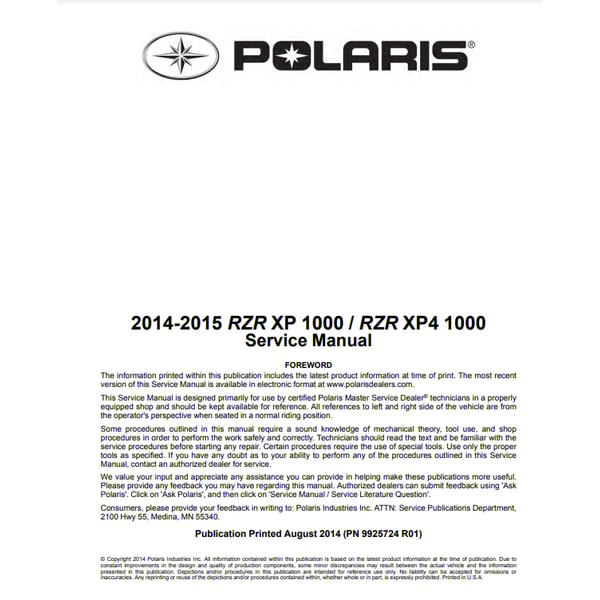 Polaris RZR XP 1000 service manual 2014-2015 XP-4 PDF | Inspire Uplift