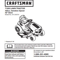 1200 lawn tractor operator's maintenance manual craftsman t1200 247.203724 pdf