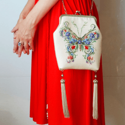 Big Butterfly Hand Embroidery Textile Mini Boho Bag with Tassels
