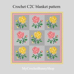 Crocher C2C Rose Garden graphgan blanket pattern PDF Download