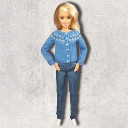 Light Blue with grey Jacquard Cardigan for Barbie Doll