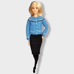 Light Blue with black Jacquard Cardigan for Barbie Doll