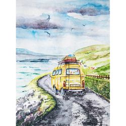 Yellow Van Sea Road Colorful Painting Watercolor Light Landscape Sketch Nature Brightly ArtWork Wall  Original Seascape