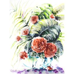Roses flowers Colorful Painting Watercolor Light Flowers Sketch Nature Brightly ArtWork Wall Art Original Floral Picture