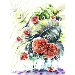 roses flowers colorful painting watercolor light flowers sketch nature brightly artwork wall art original floral picture
