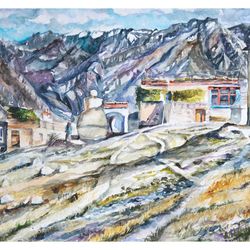 Tibet Nepal Travel Colorful Painting Watercolor Landscape Light Mountains Sketch Nature Brightly ArtWork Wall Original P