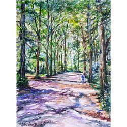 summer shadows sunny road painting landscape green colorful watercolour light nature brightly artwork wall art original
