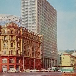 soviet postcard with the image of the national and intourist hotels in moscow, 1975