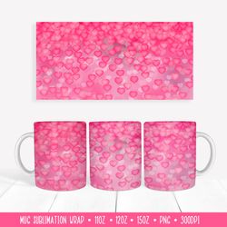 Hot Pink Hearts Mug Sublimation Design. Valentines Mug Wrap PNG. Valentines Gift