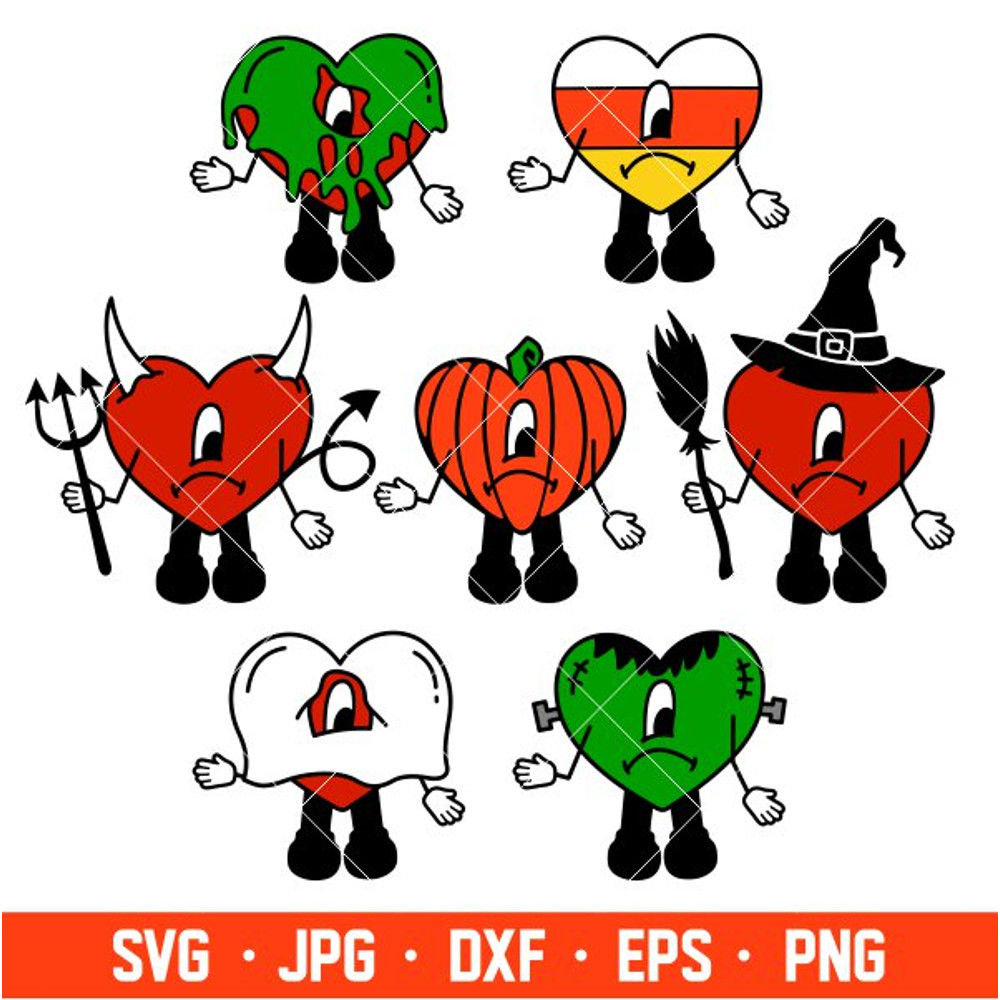 Bad Bunny Halloween Hearts Svg, Halloween Svg, Un Halloween Sin Ti Svg, Spooky Season Svg, Cricut, Silhouette Vector Cut.jpg