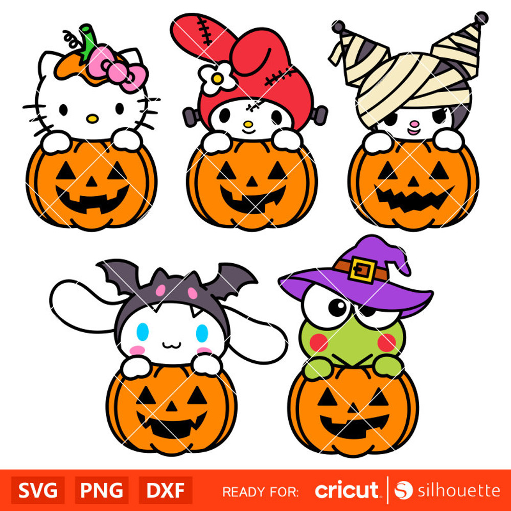 Pumpkin Sanrio Characters Bundle Svg, Halloween Svg, Hello Kitty Svg, Kawaii Svg, Cricut, Silhouette Vector Cut File.jpg