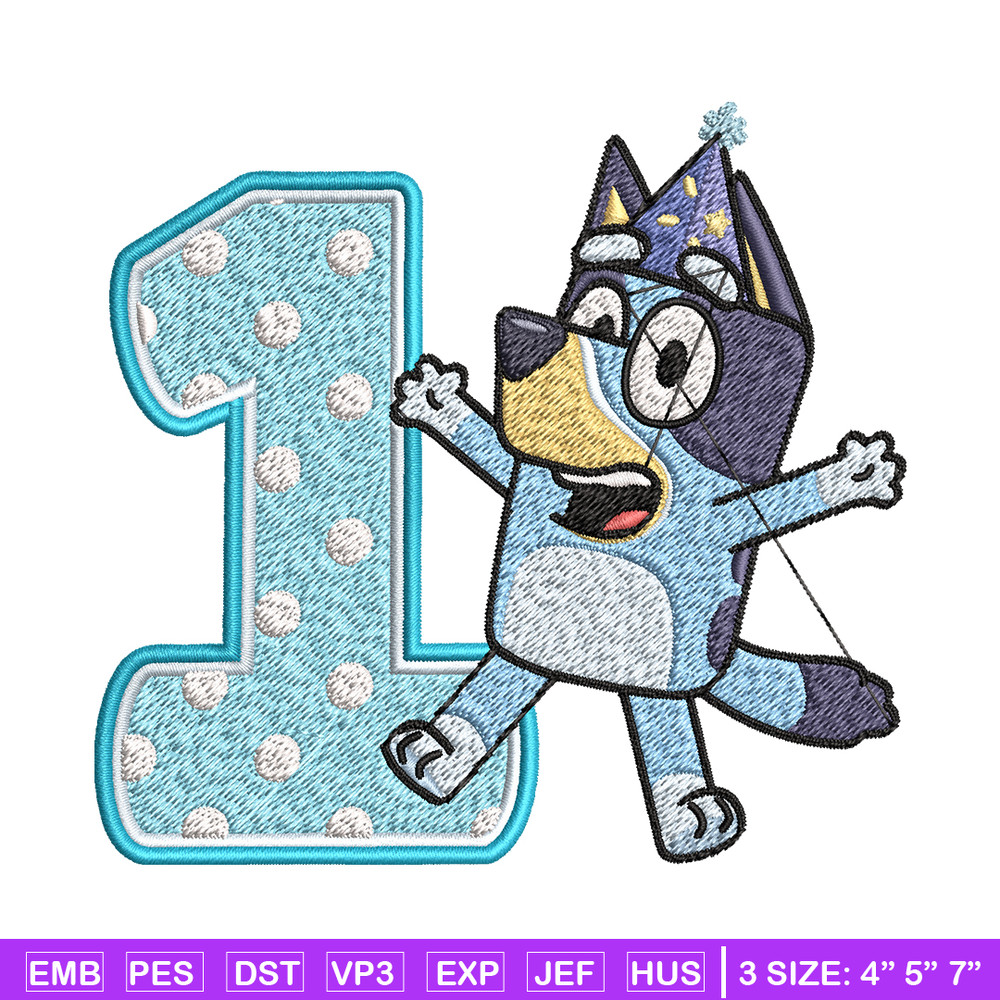 Bluey 1st Birthday Embroidery design, Bluey Cartoon Embroidery, Disney Embroidery, Embroidery File, digital download.jpg