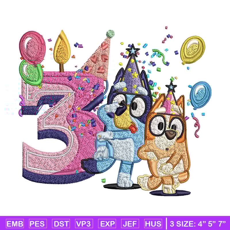 Bluey bingo 3rd birthday Embroidery, Bluey birthday Embroidery, Embroidery File, cartoon design, Digital download..jpg