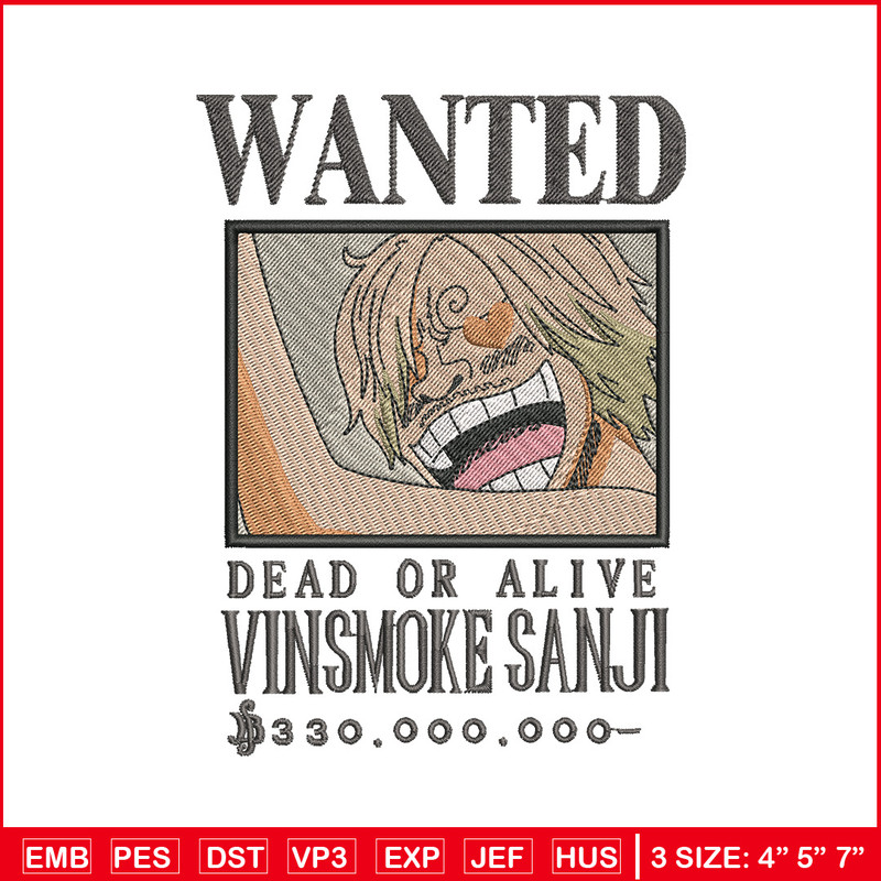 Bounty sanji embroidery design, One piece embroidery, Anime design, Embroidery shirt, Embroidery file,Digital download.z 1.jpg