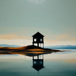 Reflection house ocean minimalism painting Sky minimalism wall decor Ocean landscape minimalism painting