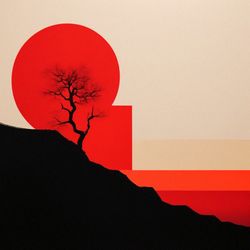 Abstract Red Sunset Landscape Tree Painting, Abstract Beach Sea Sun Original Painting, Minimal Sunset Sea Wall Decor,