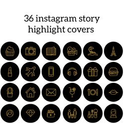 36 black and gold lifestyle instagram highlight icons. stylish instagram highlights covers. glitter social media icons.