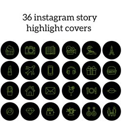 36 Black and Green Lifestyle Instagram Highlight Icons. Stylish Instagram Highlights Covers. Glitter Social Media Icons.