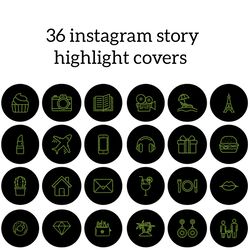 36 black and green lifestyle instagram highlight icons. stylish instagram highlights covers. glitter social media icons.