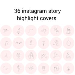 36 pink sketch lifestyle instagram highlight icons. minimalism instagram highlights covers. line art icons.