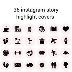 36 pink and black lifestyle instagram highlight icons. minimalism instagram highlights covers. line art icons.