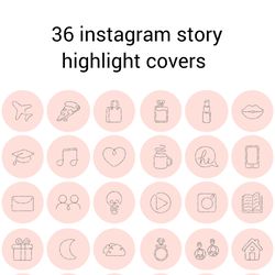 36 pink and grey lifestyle instagram highlight icons. minimalism instagram highlights covers. line art icons.