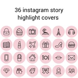 36 Pink and Black  Lifestyle Instagram Highlight Icons. Minimalism Instagram Highlights Covers. Line Art Icons.