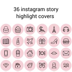 36 pink and black  lifestyle instagram highlight icons. minimalism instagram highlights covers. line art icons.