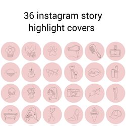 36 pink sketch lifestyle instagram highlight icons. minimalism instagram highlights covers. pink hand drawn icons.
