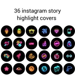 36 Neon Instagram Highlight Icons. Black and Bright Instagram Highlights Images. Lifestyle Instagram Highlights Covers