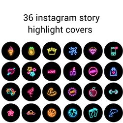 36 neon instagram highlight icons. black and bright instagram highlights images. lifestyle instagram highlights covers