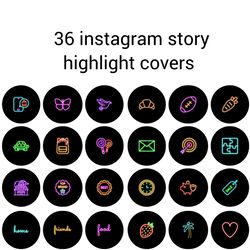 36 Neon Instagram Highlight Icons. Black and Bright Instagram Highlights Images. Lifestyle Instagram Highlights Covers