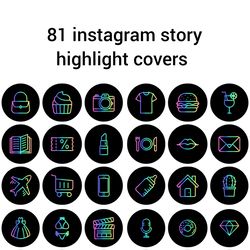 81 black and colors instagram story highlight covers. Bright social media icons. Digital download.