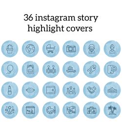 36 blue stylish instagram story highlight covers. Lifestyle social media icons. Digital download