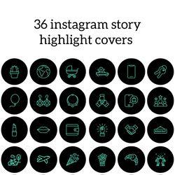 36 Black and Green Lifestyle Instagram Highlight Icons. Minimalism Instagram Highlights Covers. Beautiful Icons.