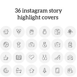 36 grey lifestyle instagram highlight icons. sketch instagram highlights covers. beautiful minimalism icons