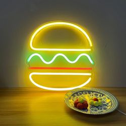Hamburger Neon Light for Party Wedding Birthday Fast Food Shop Restaurant Wall Hanging LED Neon Sign Home Decor Night