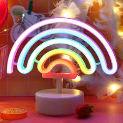 Neon Sign LED Rainbow-shaped Neon Light Battery/USB Powered Colorful Neon Lamp with Holder Base Rainbow Nightlight Decor