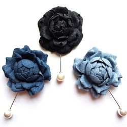 Denim jeans brooch, Denim flower lapel pin, Denim boutonniere, Denim wedding lapel pin, Denim rose brooch, Denim flower