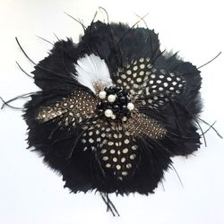 Black Flower Feather Brooch, Handmade Brooch with Goose, Pheasant & Ostrich Feathers, Pin with Beads & Rhinestones