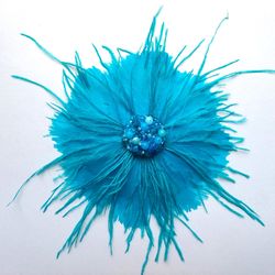Large turquoise brooch crafted from goose and ostrich feathers, Chic turquoise feather shoulder corsage, Azure brooch