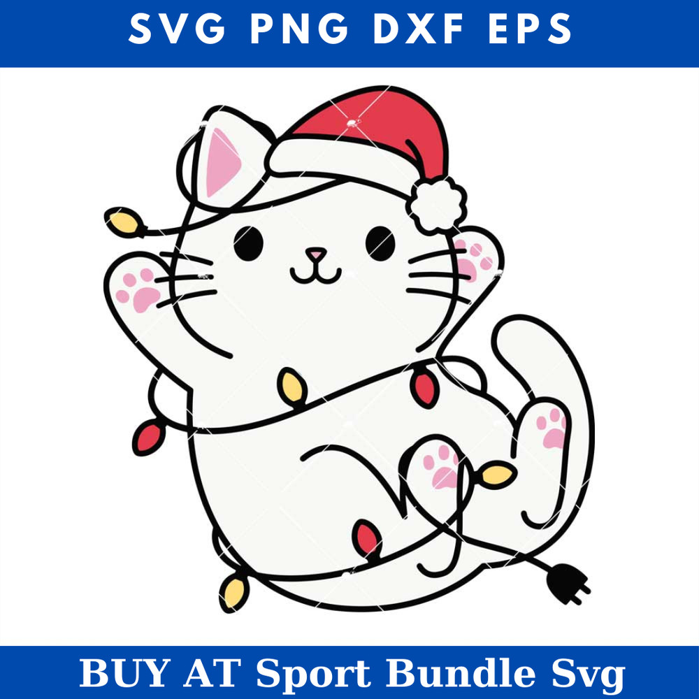 Cat with Santa Hat Svg, Christmas lights Cat Cute Svg.jpg