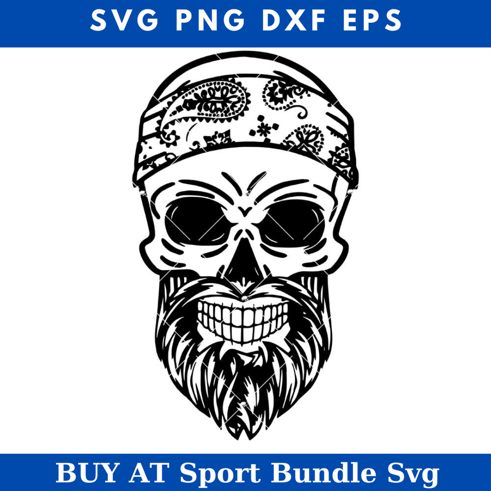 Skull with Bandana Svg, Bearded Skull Svg, Man Skull Svg.jpg
