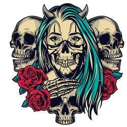 devil girl with skull and rose svg, trending svg, girl svg, devil girl svg, satan svg, red rose svg, skull svg, death sv