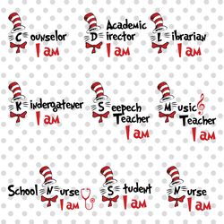 bundle school the cat in the hat svg, student i am svg, sam i am svg, the cat in the hat svg, school cat shirt svg, cric