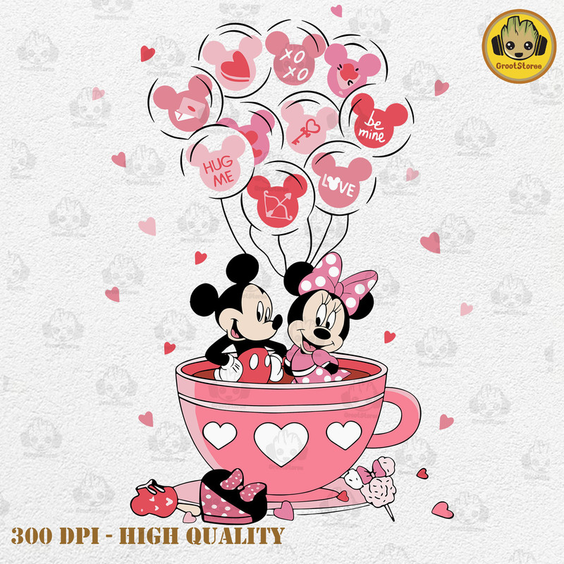 Happy Valentine Day Mouses And Friends Png, Pink Balloon Valentine Cartoon Mouses Character Png, Valentine 2024 Couple Shirt Design.jpg