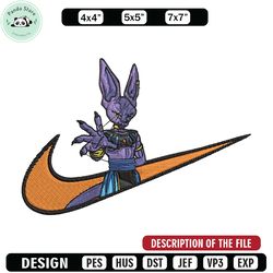 beerus x nike embroidery design, dragonball embroidery, embroidery file, nike embroidery, anime shirt, digital download