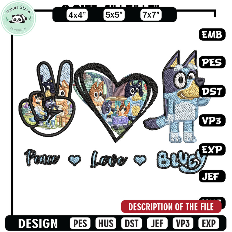 Bluey Peace Love bandit Embroidery design, Bluey cartoon Embroidery, cartoon design, Embroidery File, Digital download.jpg
