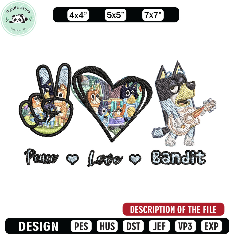 Bluey Peace Love bandit Embroidery design, Bluey cartoon Embroidery, cartoon design, Embroidery File, Instant download 1.jpg