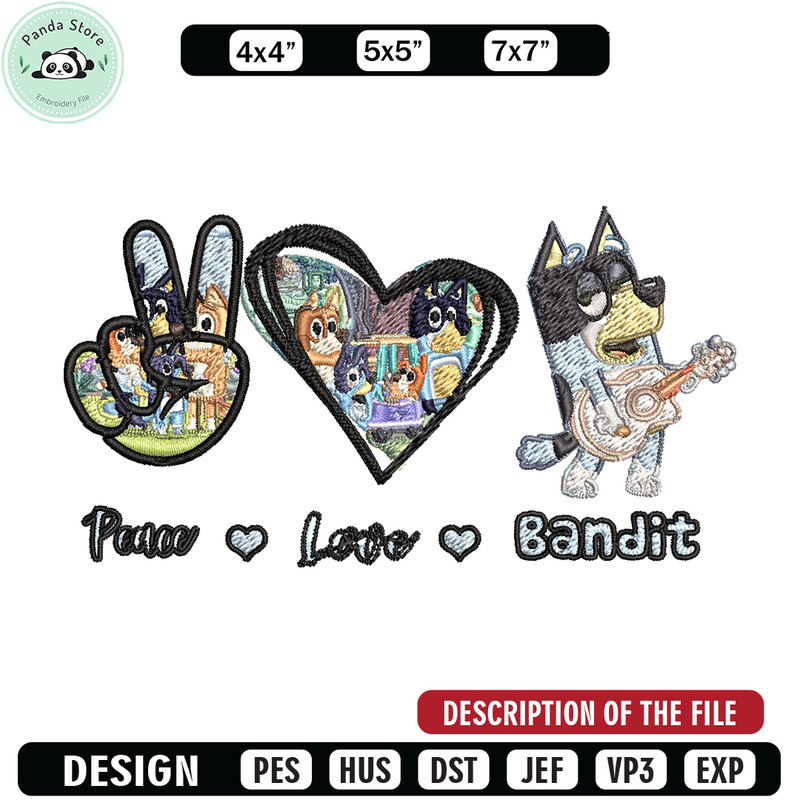 Bluey Peace Love bandit Embroidery design, Bluey cartoon Embroidery, cartoon design, Embroidery File, Instant download 1.jpg